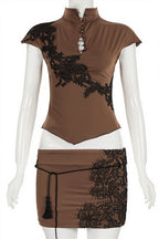 Stand Collar Hollow Lace Patch Skirt Set image 4