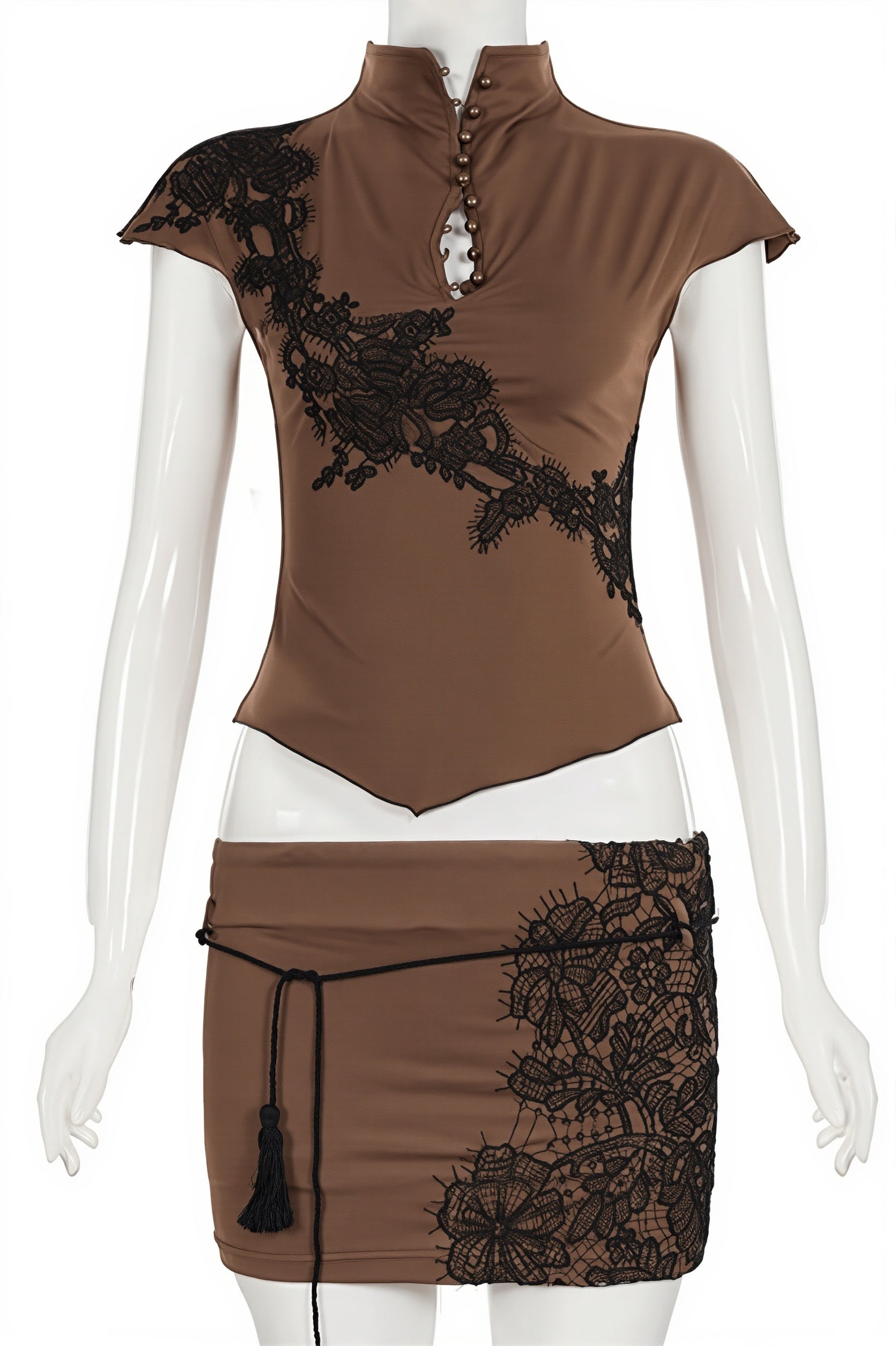 Stand Collar Hollow Lace Patch Skirt Set image 4