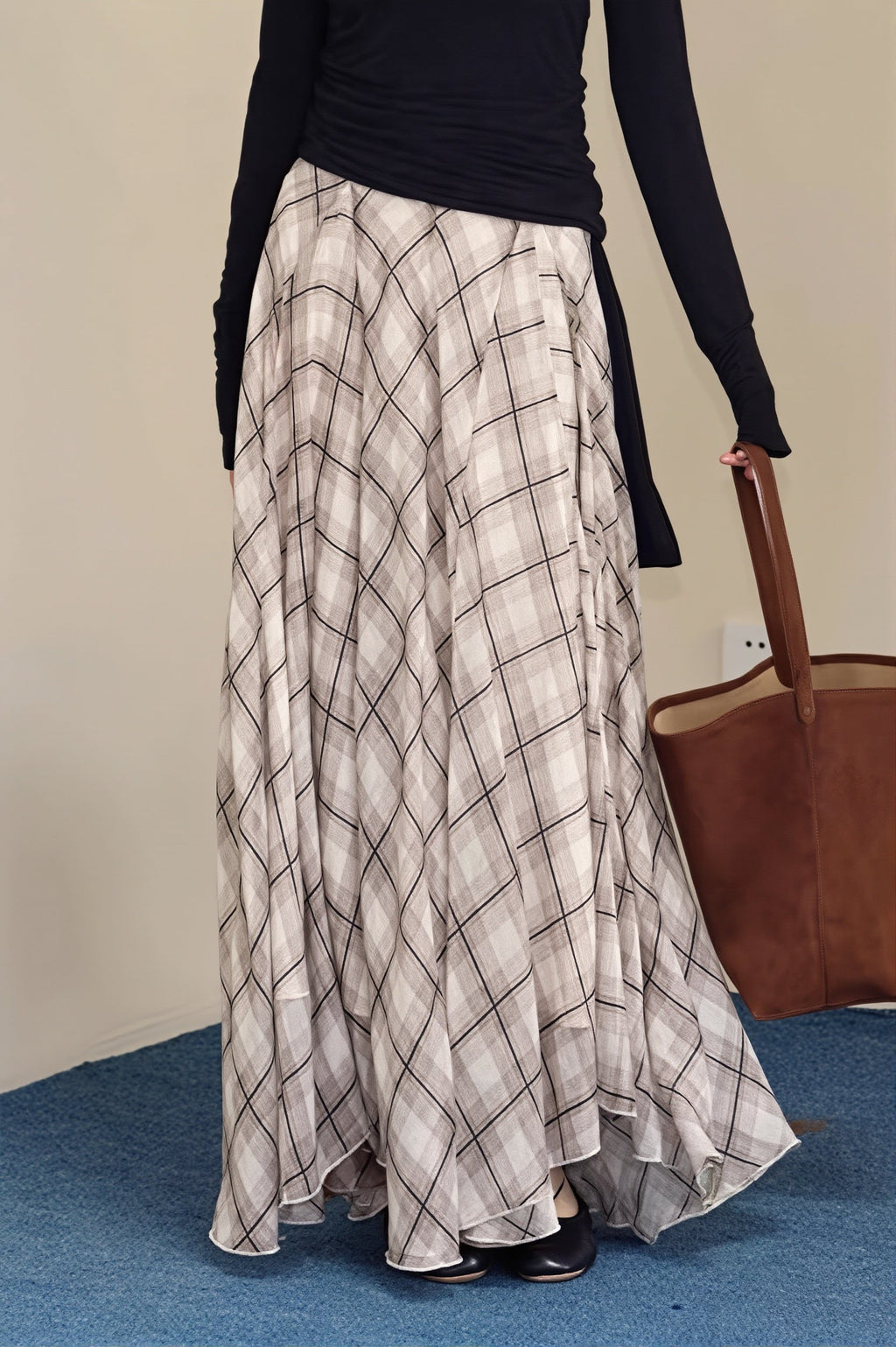 Gentle Style Draped Slim Plaid Maxi Skirt image 1