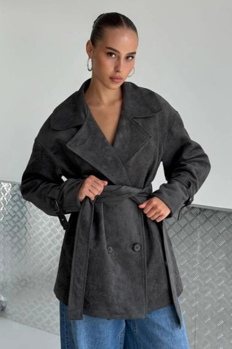 Vintage Suede Lapel Tie Waist Jacket Coat image 12