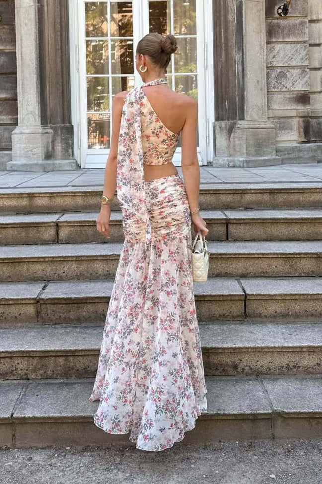 Light Pink Purple Floral One Shoulder Sleeveless Two Piece Set image 3