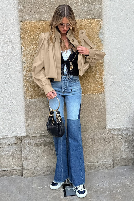 Short Khaki Puff Sleeve Trench Coat image 5