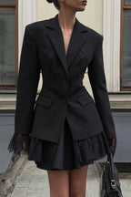 Black Lace Paneled Long Sleeve Waist-Cinched Soft Blazer image 4