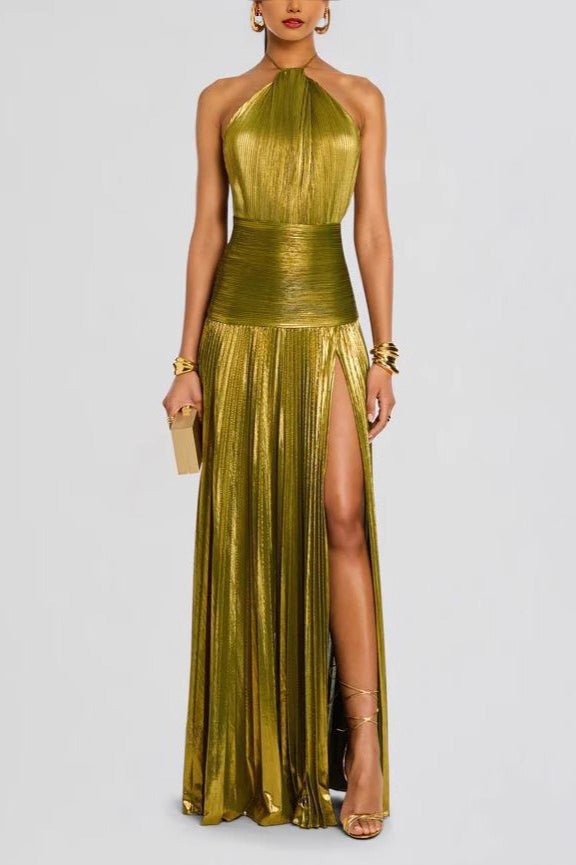 Metallic Pleated Halter Backless Tie Slit Maxi Dress image 2
