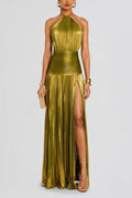 Metallic Pleated Halter Backless Tie Slit Maxi Dress image 2