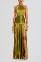 Metallic Pleated Halter Backless Tie Slit Maxi Dress image 2