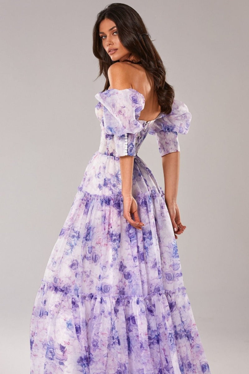 Floral Print Off Shoulder Puff Sleeve Organza Maxi Dress image 7