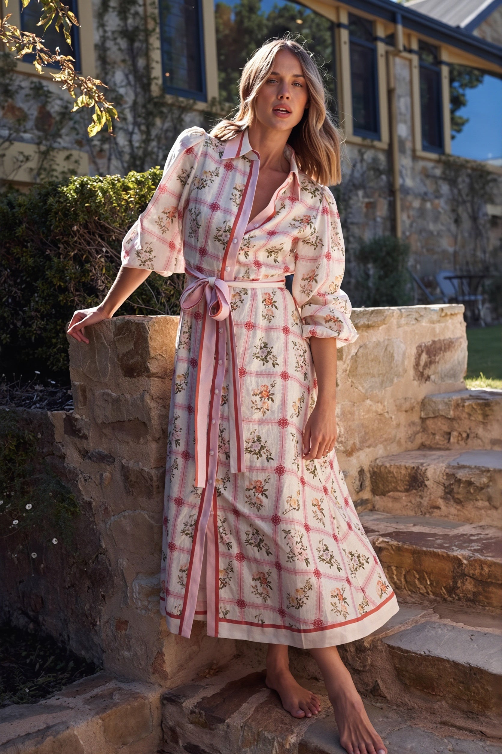 Linen Floral Tie Long Cardigan Boho Dress image 1
