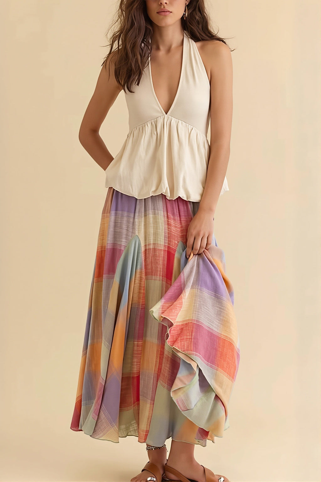 Elastic Waist Colorful Plaid Flared Maxi Skirt image 4