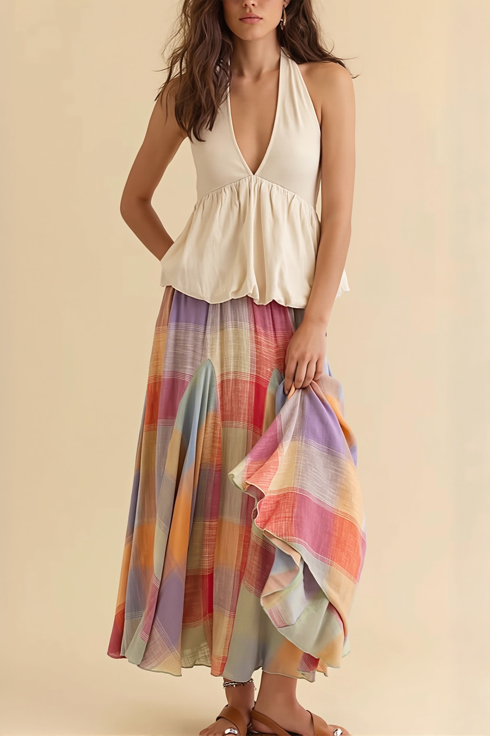 Elastic Waist Colorful Plaid Flared Maxi Skirt image 4