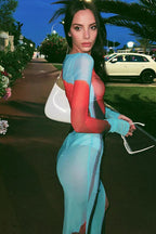 Floral Mesh Sheer Round Neck Split Maxi Dress image 3