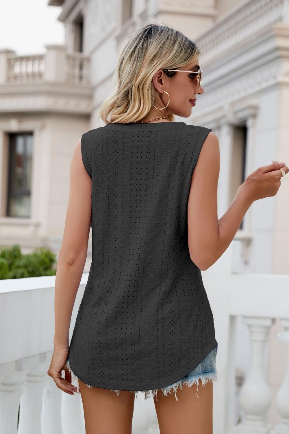 Gia Eyelet Tank detail view styled for Avrienne