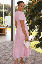 Solid V Neck Puff Sleeve Flared Midi Dress image 13
