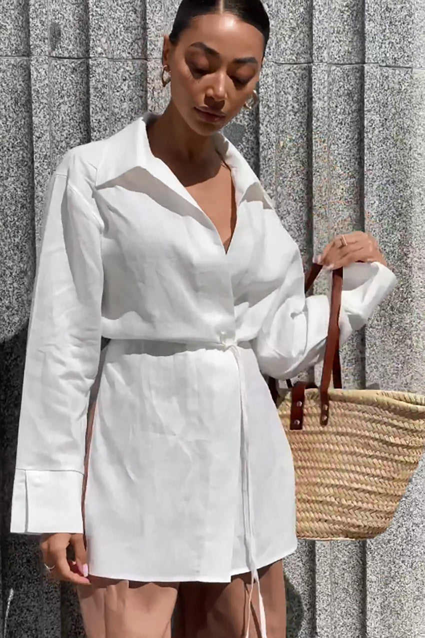 White Long Sleeve Tie Front Linen Blouse image 2