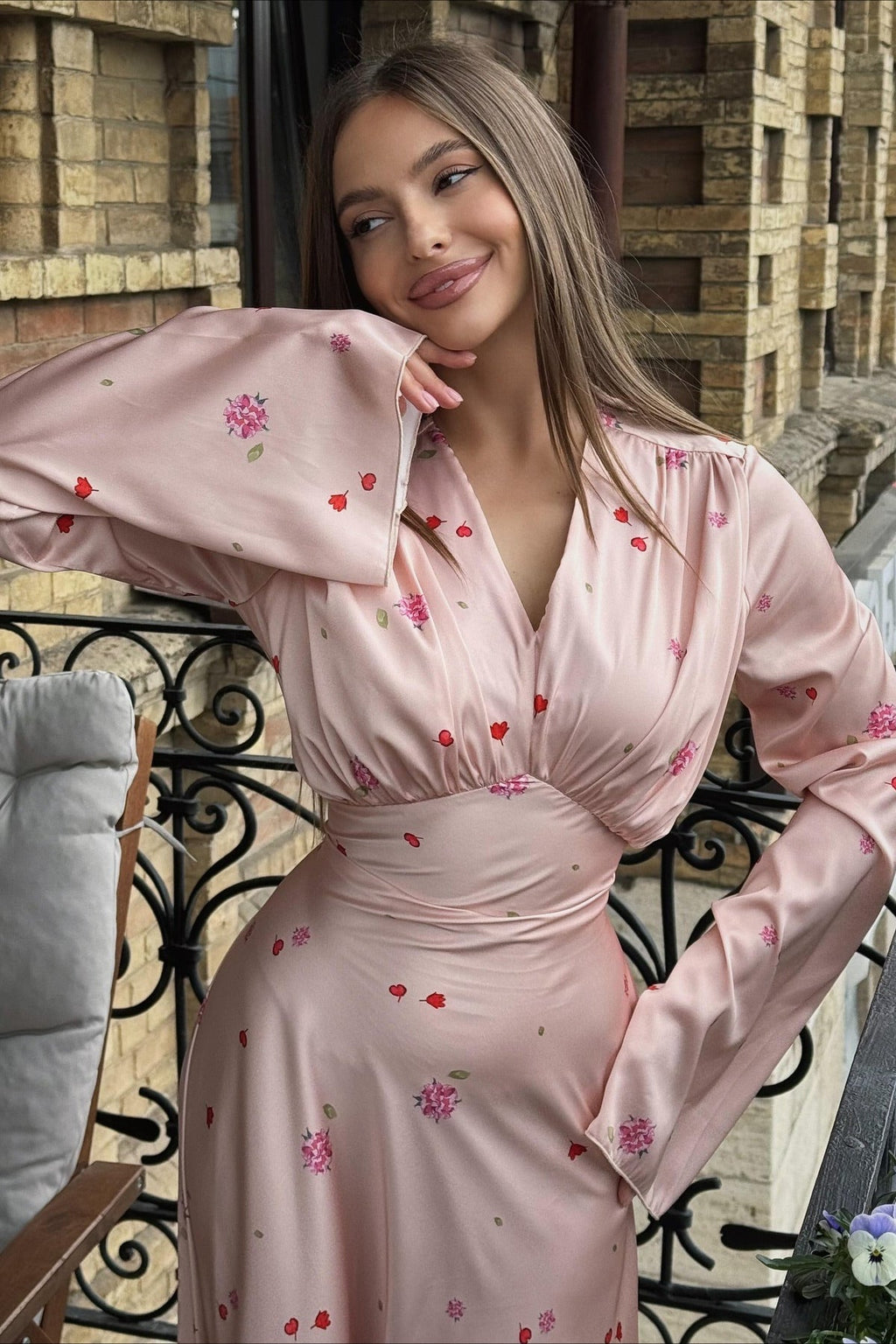 Satin Floral V Neck Flared Hem Maxi Dress image 2