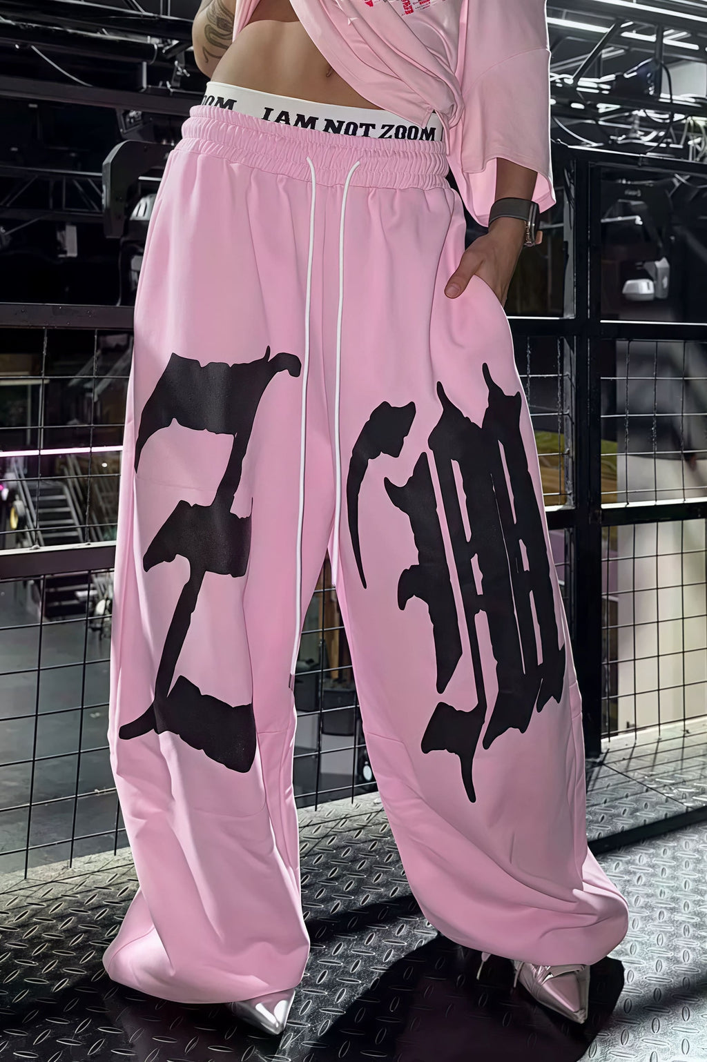 Drapey Letter Graphic Drawcord Curved Sweat Pants image 2
