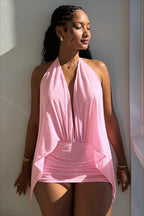 Solid Mesh Halter Backless Mini Dress image 1