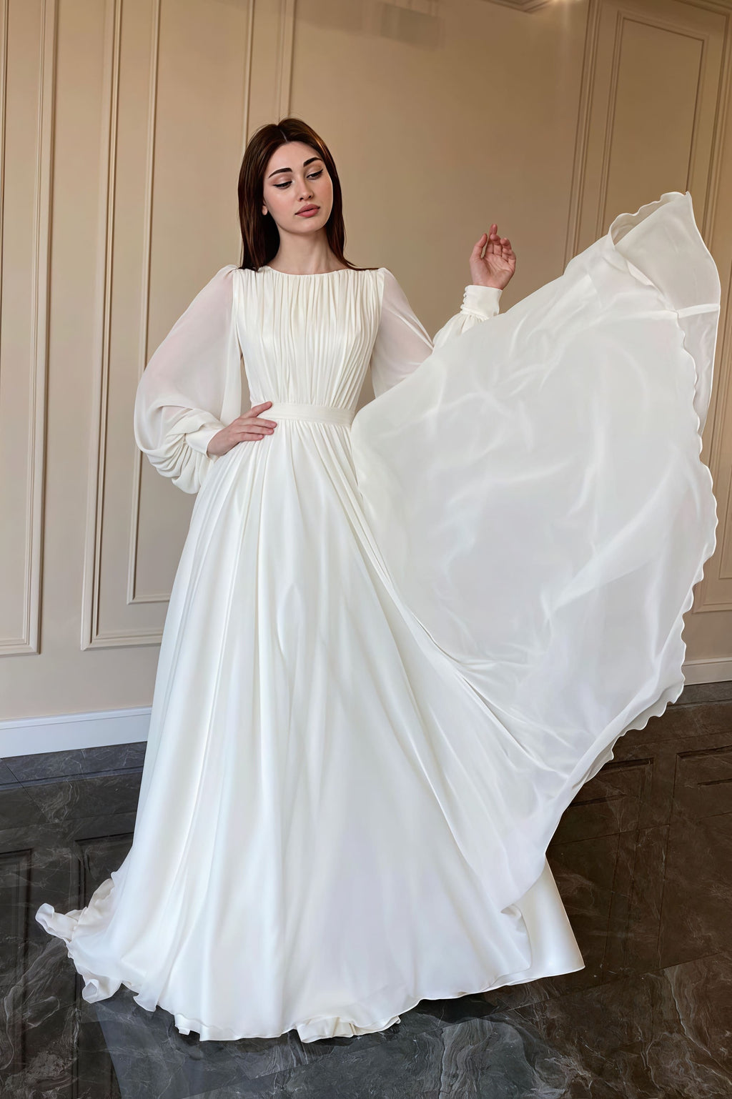 Minimalist Flowy Silky Retro Long Sleeve Reception Dress image 2