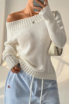 Solid Asymmetric Off-Shoulder Pullover Knit Top image 1