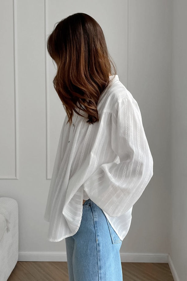 White Cotton Jacquard Stand Collar Blouse image 3