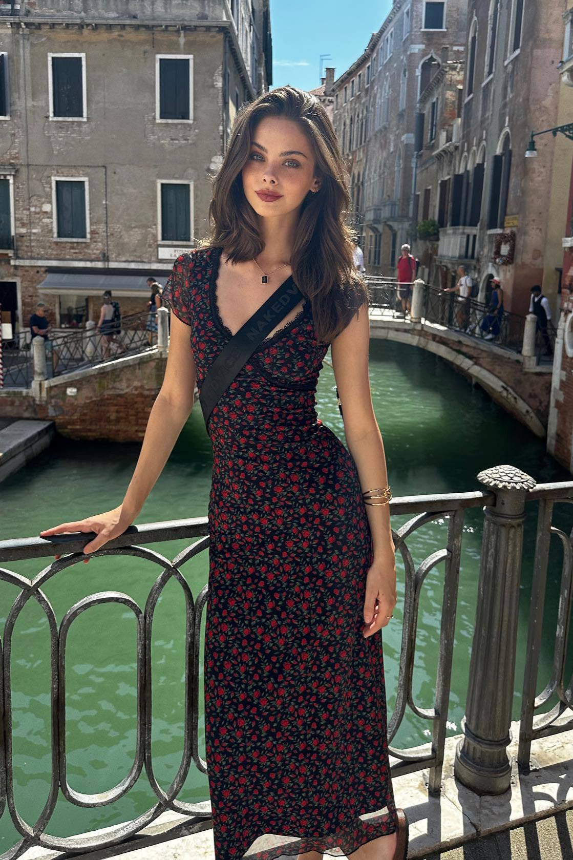 Black Rose V Neck Slim Fitted Bodycon Floral Dress image 1