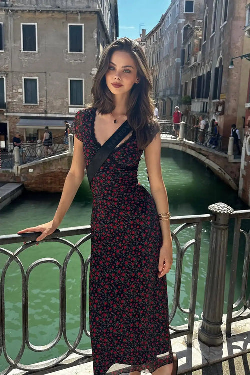 Black Rose V Neck Slim Fitted Bodycon Floral Dress image 1