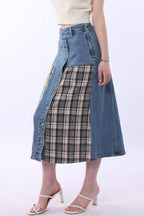 High Waist Denim Plaid Splice Skirt image 4