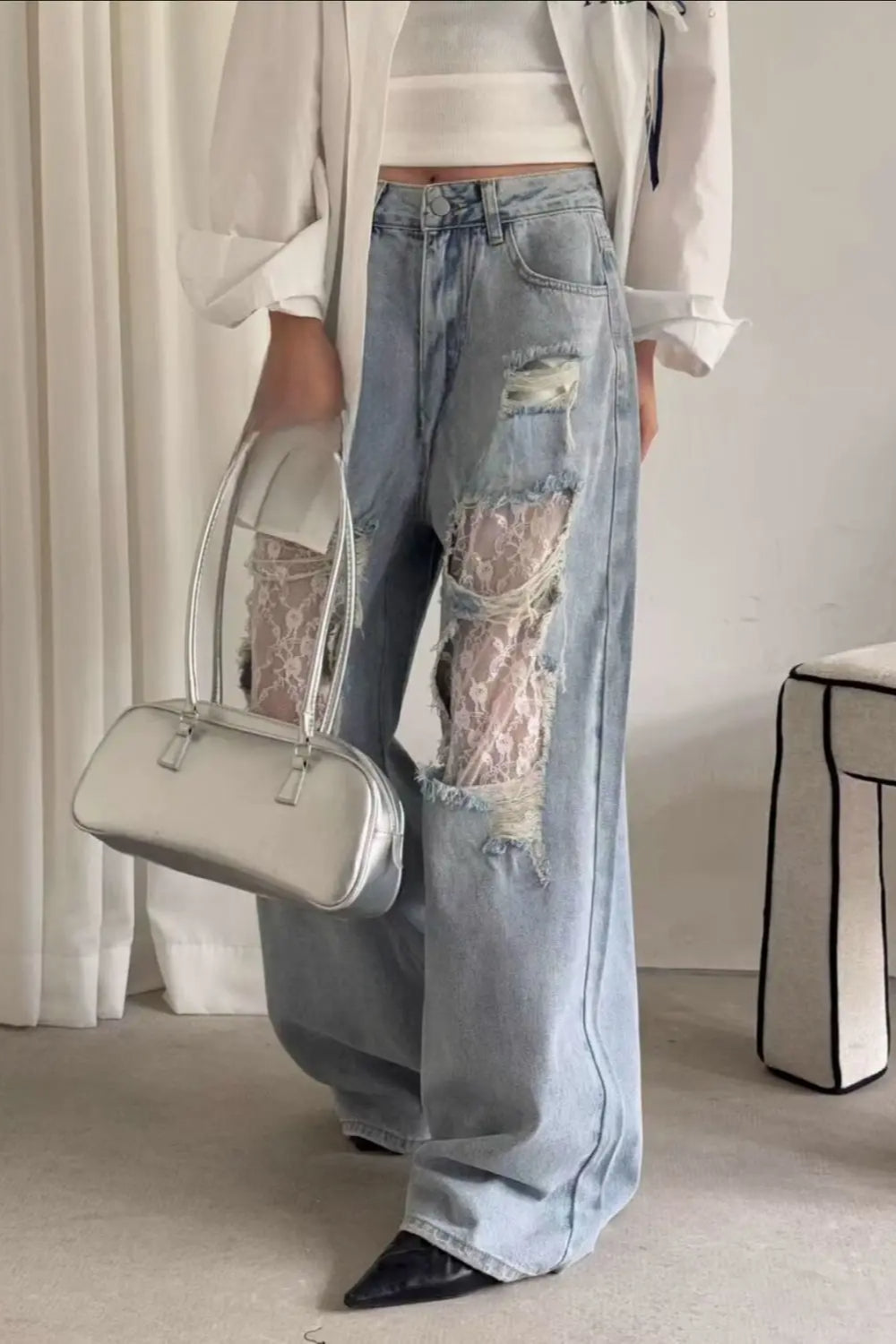 Lace Patchwork Ripped Loose Jeans image 4