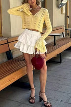 Cutout V-Neck Solid Short Long-Sleeve Knit Cardigan image 2
