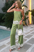 Chic Lace Trim Cami Top Straight Pants Two Piece Set image 2