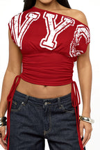 Shoulder Cutout Ruched Letter T-shirt image 5