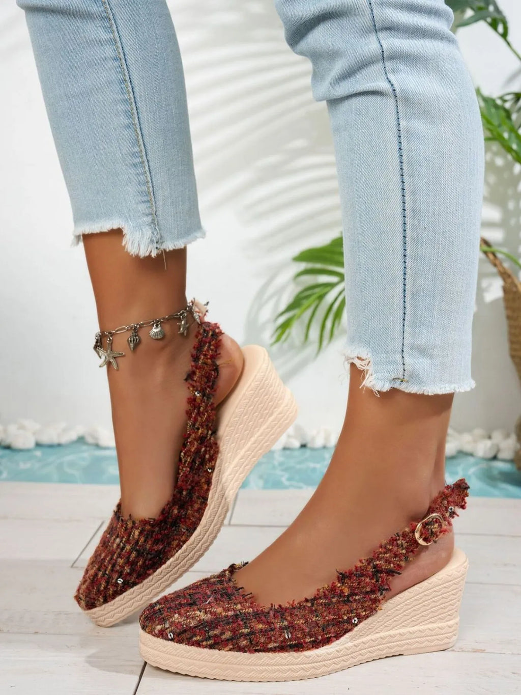 Aurelia Wedge Sandals detail view styled for Avrienne