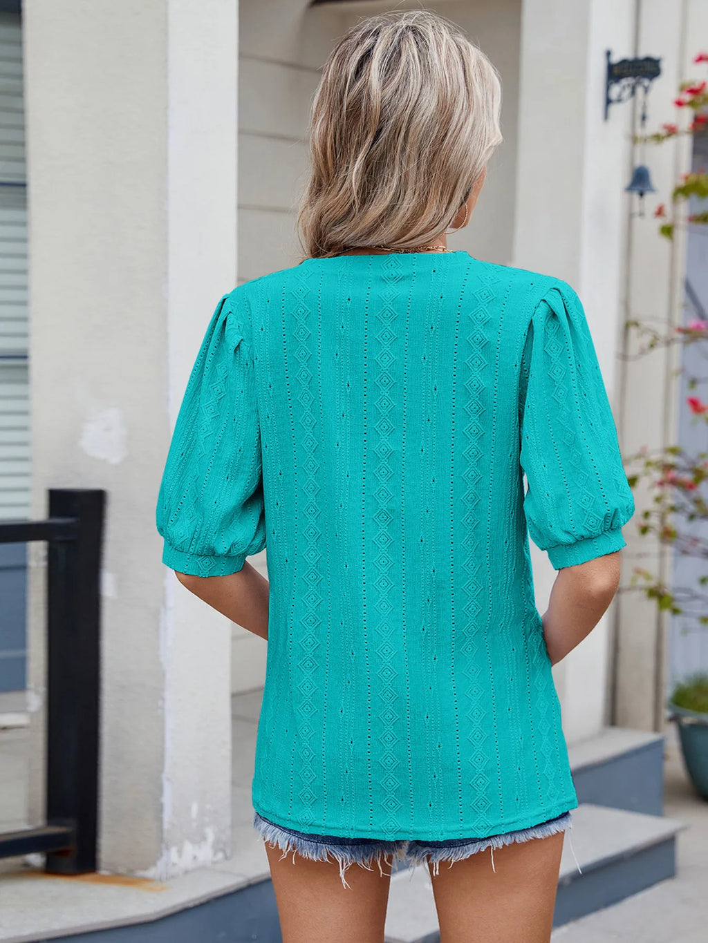 Mireille Eyelet Top detail view styled for Avrienne