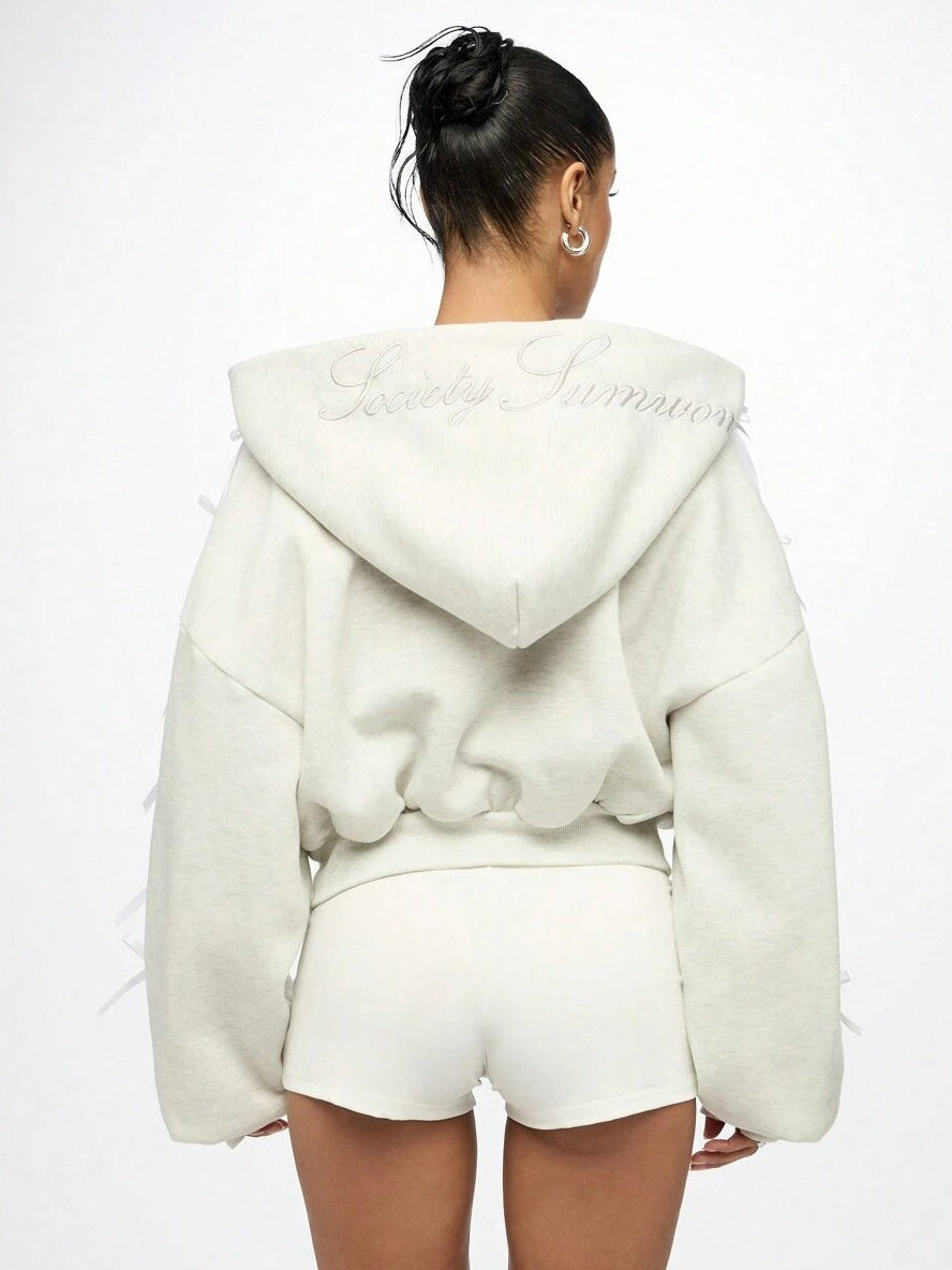 Embroidered Side Bow Zip Up Hoodie image 6