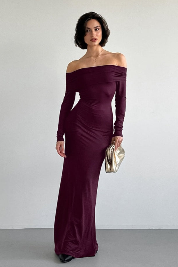 Vintage Solid Off-the-shoulder Bodycon Maxi Dress image 1