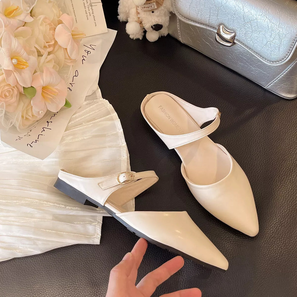 Amelie Flat Sandals detail view styled for Avrienne