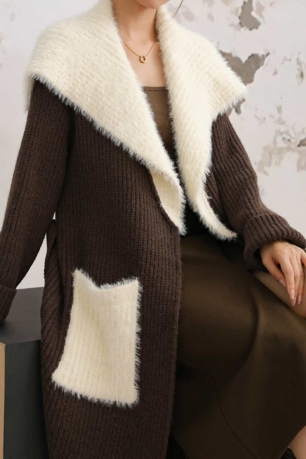 Faux Fur Collar Long Patchwork Loose Knit Overcoat image 5