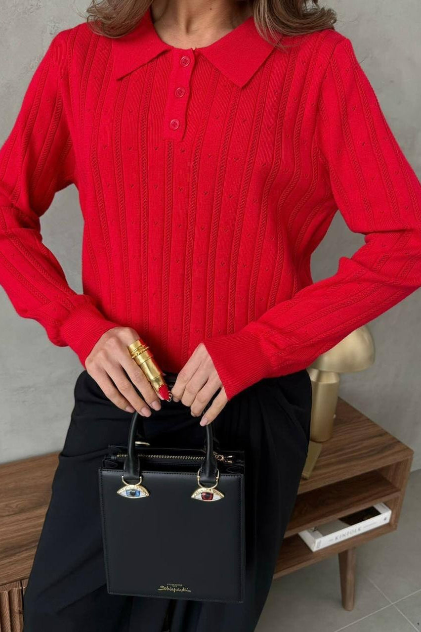 Jacquard Polo Collar Long Sleeve Loose Blouse image 25