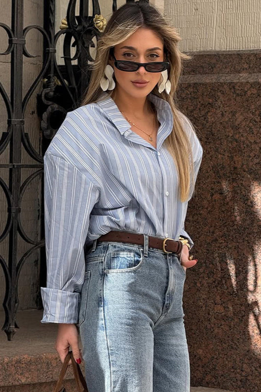 Loose Striped Collared Long Sleeve Blouse image 1