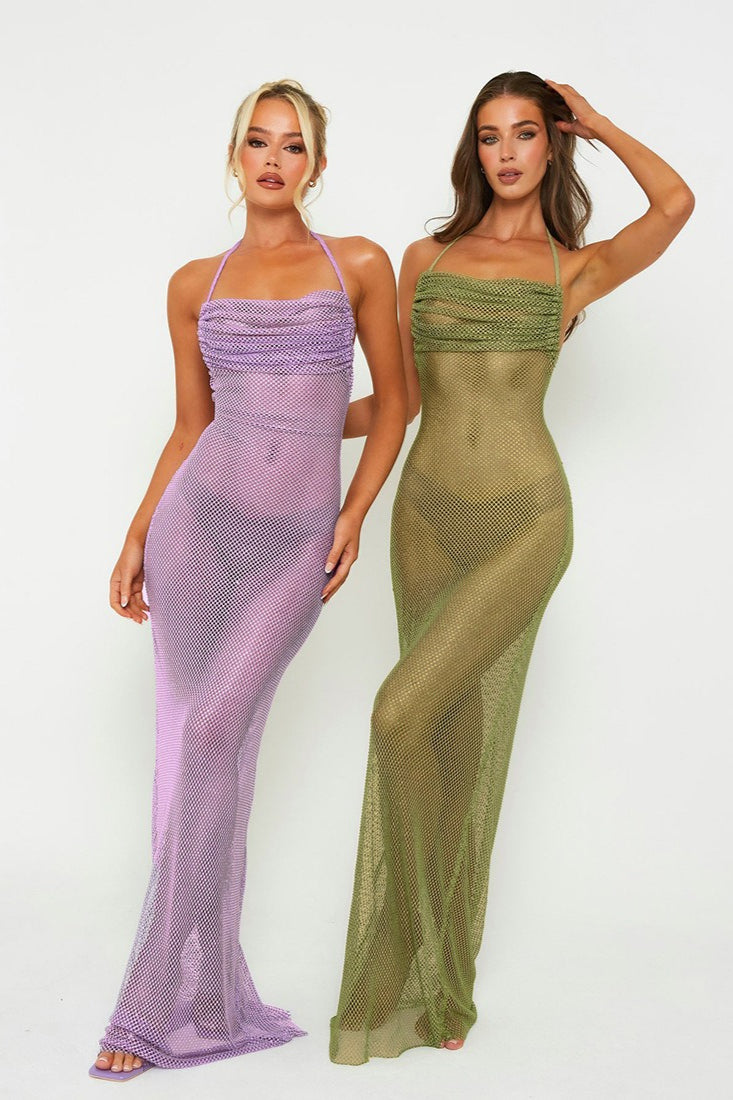 Halter Tie Cutout Back Ruched Solid Bodycon Maxi Dress image 6