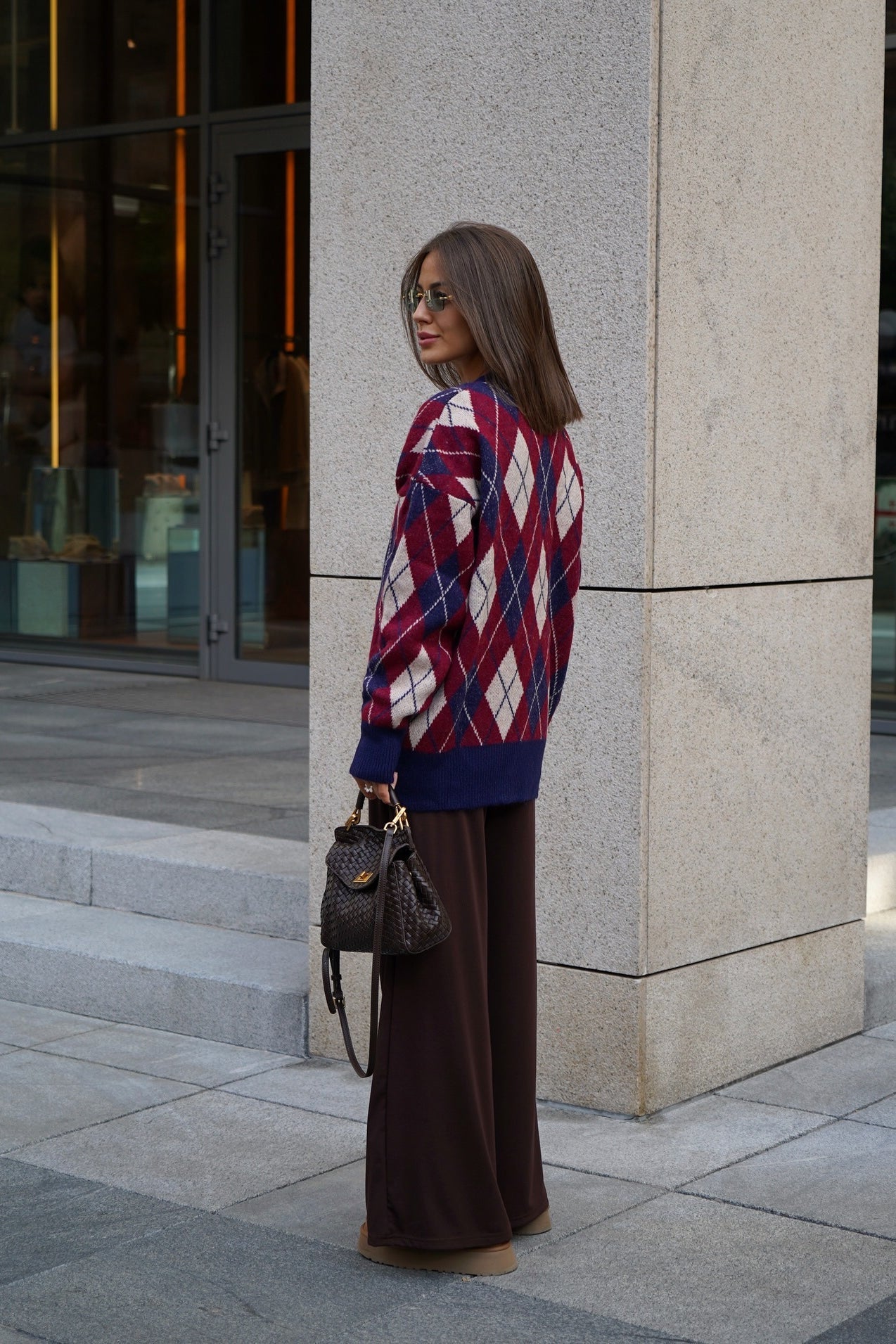 Thick Plaid V Neck Loose Long Sleeve Knit Cardigan image 5