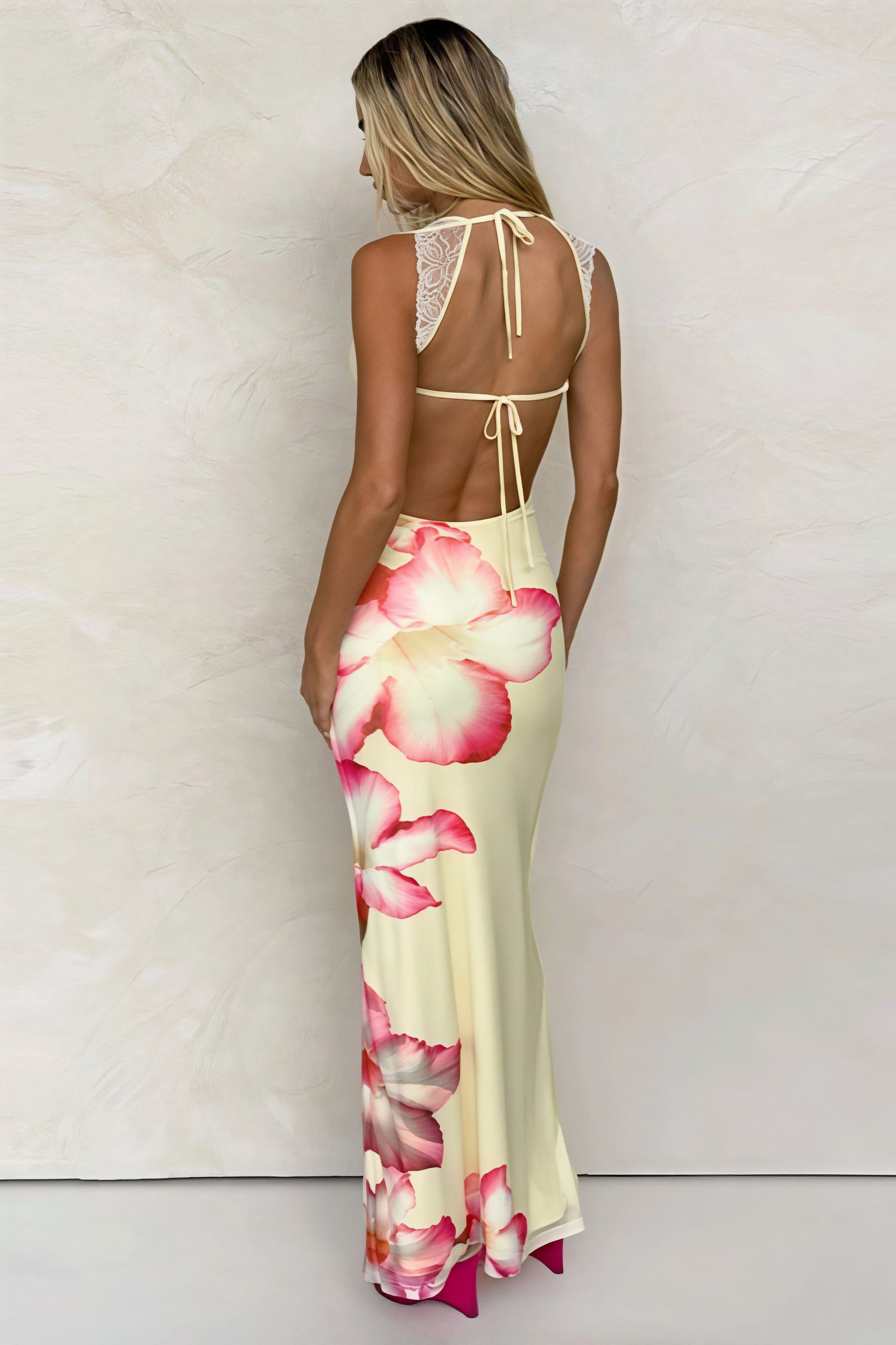 Floral Print Off Shoulder Lace Patchwork Cami Backless Maxi Dress image 4