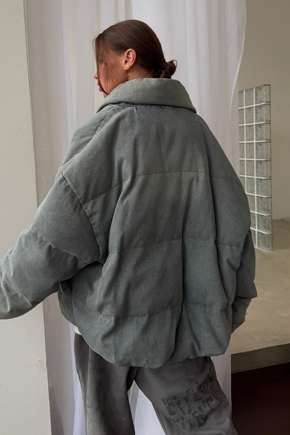 Washed Denim Stand Collar Puffer Jacket image 4
