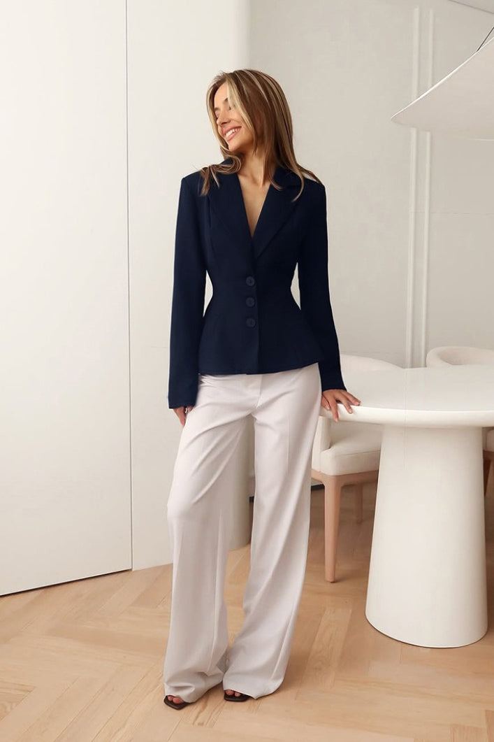 Fitted Waist V-Neck Padded Shoulder Long Sleeve Blazer image 4