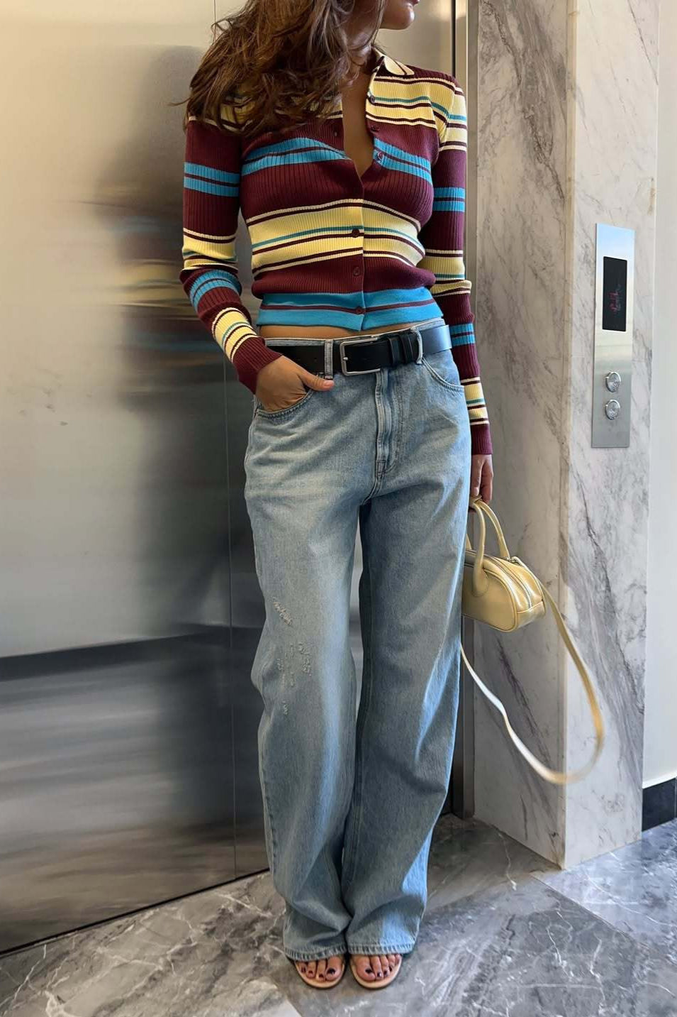 Button Front Stripe Retro Collar Slim Long Sleeve Knit Cardigan image 3