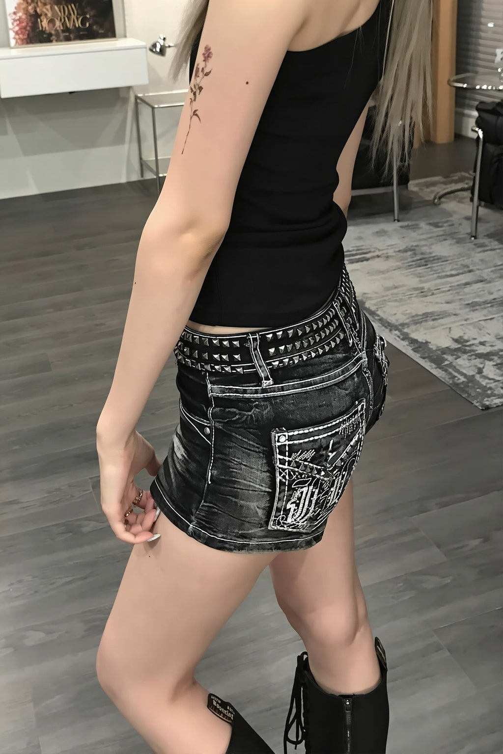 Chic Retro Destroyed Embroidered Rivet Denim Shorts image 3