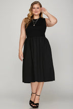 Antonella Midi Dress detail view styled for Avrienne