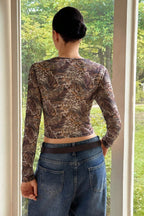Mesh Sheer Leopard Print Slim Fit Long Sleeve Tee image 4