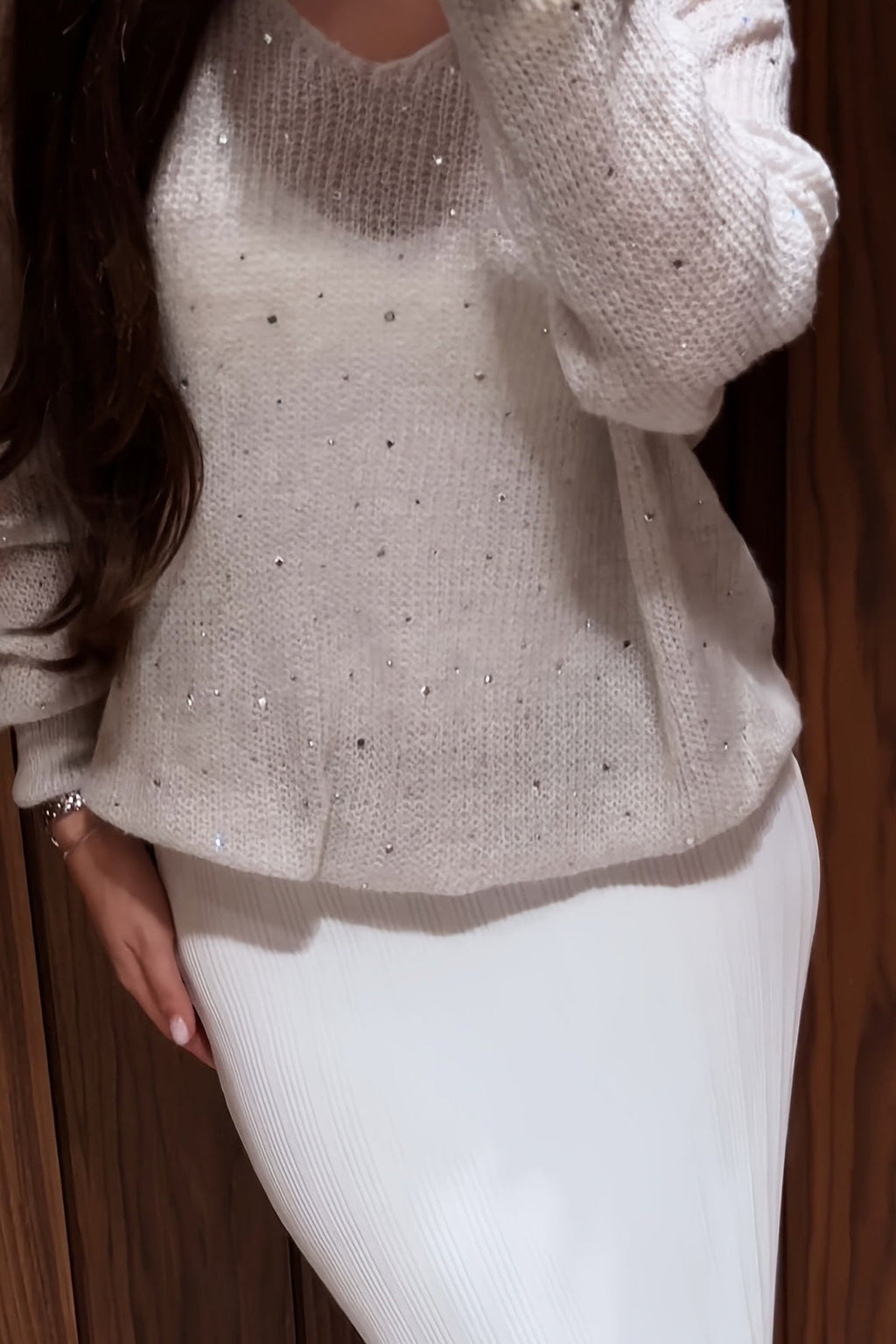 Rhinestone White V Neck Long Sleeve Knit Blouse image 4
