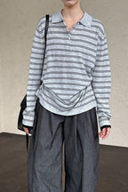 Soft Wool Striped Polo Collar Long Sleeve Long Sleeve Tee image 1